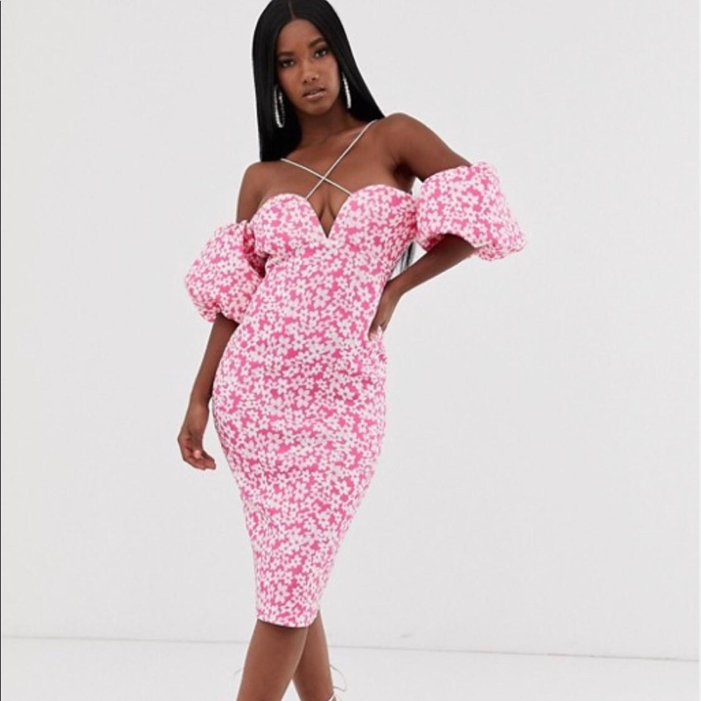 bardot bubble sleeve strappy floral midi dress